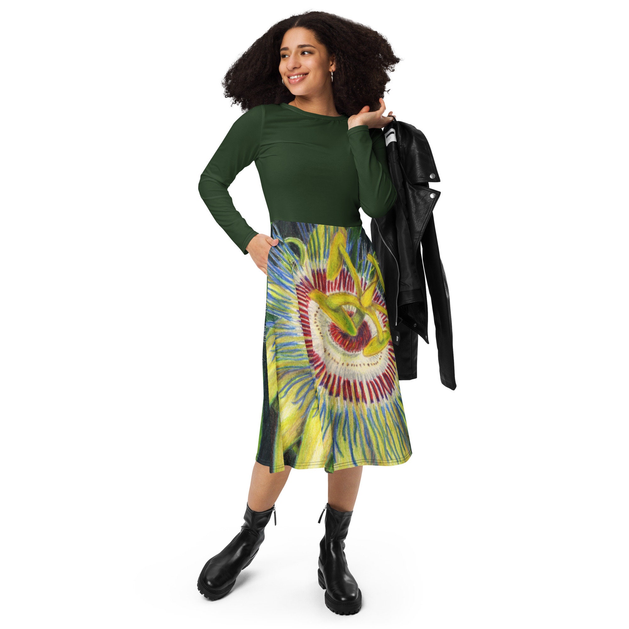All-Over Print Long Sleeve Midi Dress