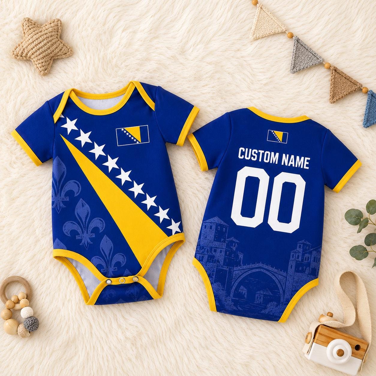 Personalized Bosnia Baby Soccer Bodysuit, Custom Name Number Football Onesie, Bosnia Flag Infant Outfit, Newborn Fan Gift