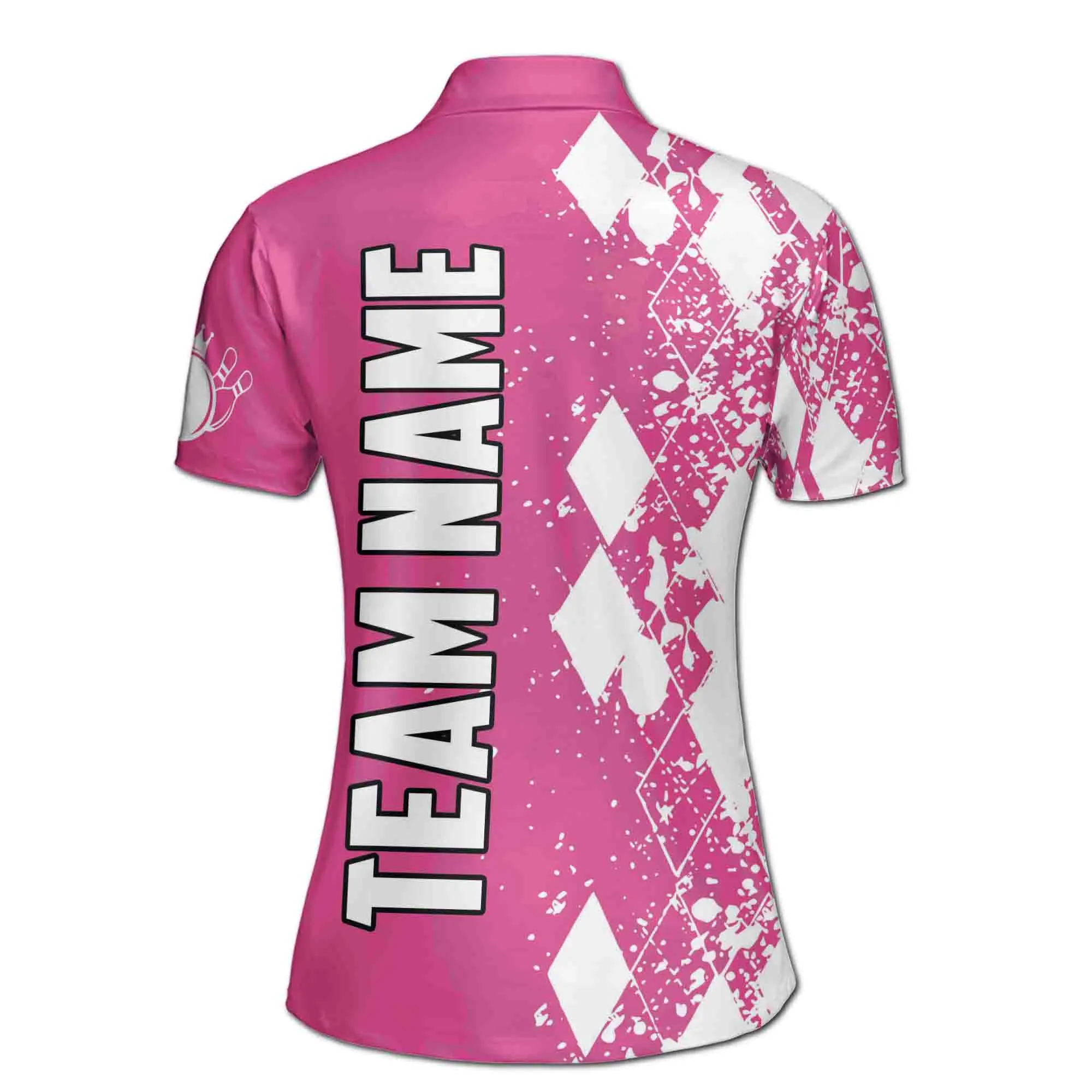 Customized Pink Bowling White Argyle Pattern Women's Polo Shirt