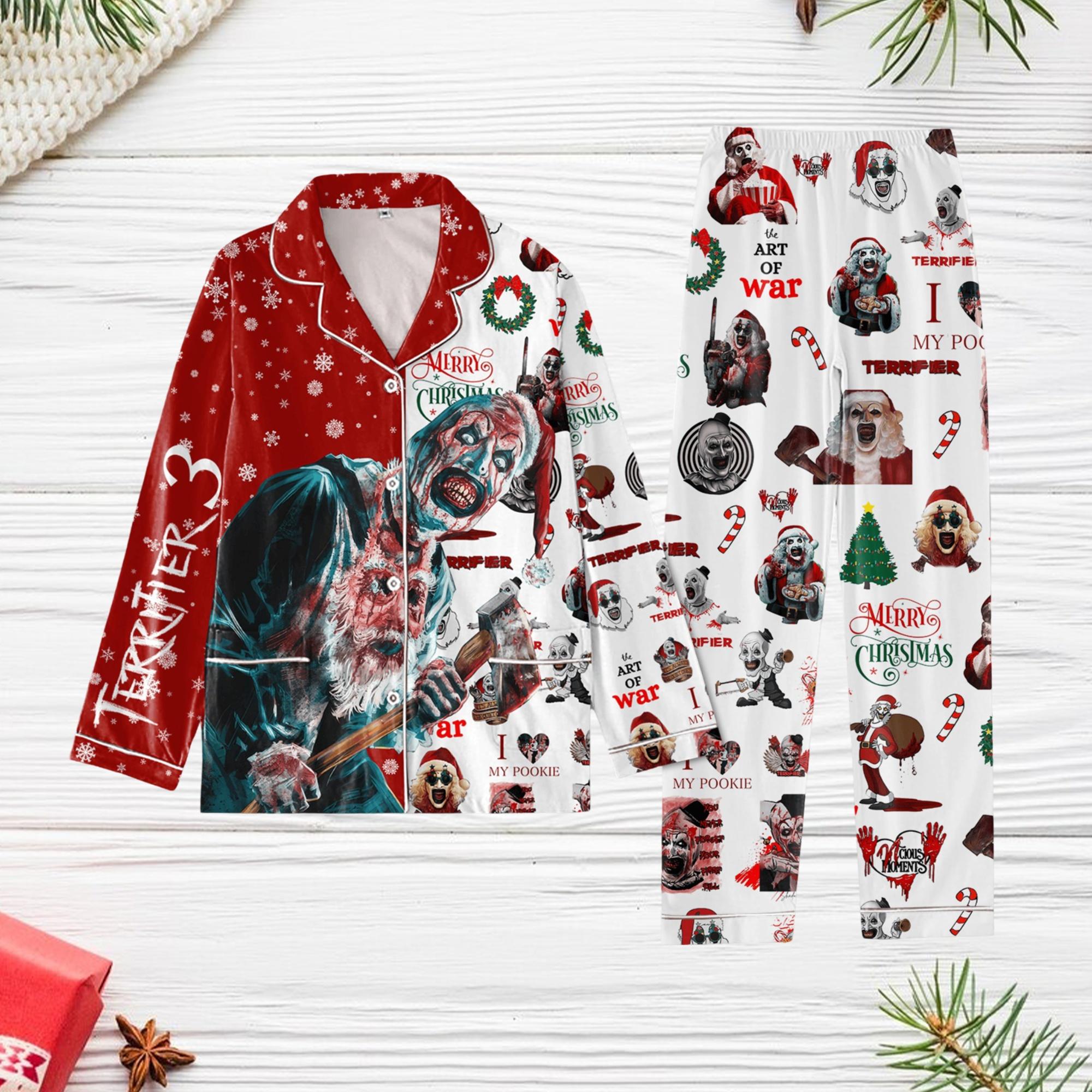 Terrifier Movie Pajamas Set, Terrifier 3 Shirt, The Art Clown Pajamas, Horror Movie Holiday Pajamas, Horror Character Christmas Pajamas