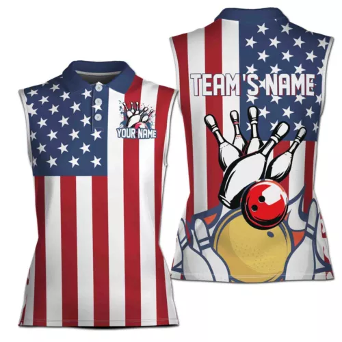 Custom Name, Team Name Bowling Ball American Flag Women Sleeveless Polo