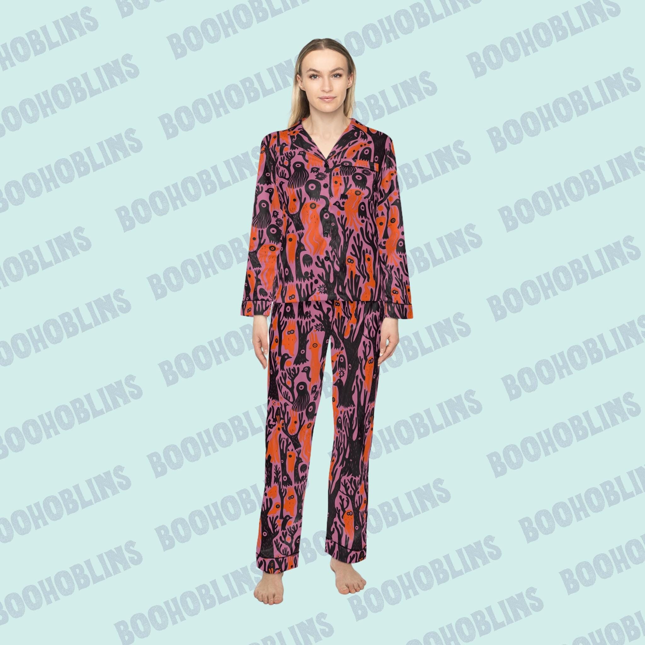 Women's Satin Pajamas Set - Halloween Loungewear, Spooky Satin Sleepwear
