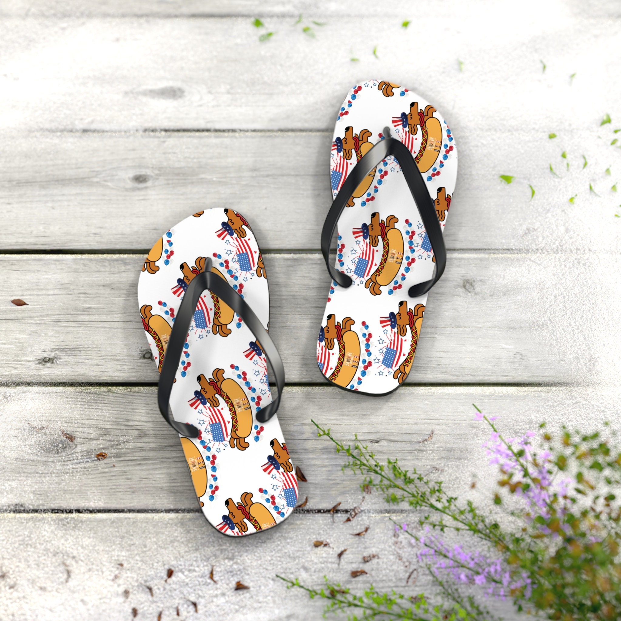 Flip Flops for Summer, can't spell sausage without USA flip flops, white flop flops with hot dog, flip flops for 4th of July, unisex