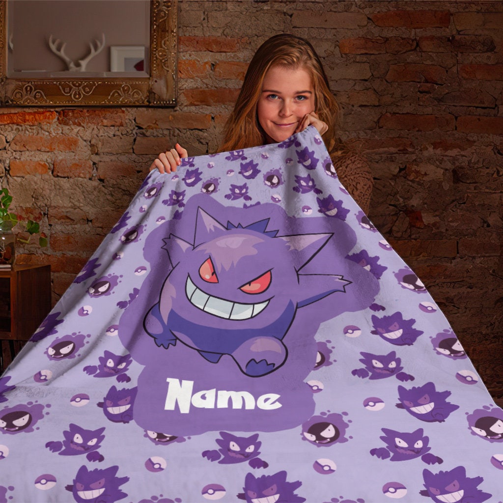Personalized Name Gengar Blanket, PKM Anime Blanket, Anime Cartoon Fleece Mink Sherpa Blanket, Custom Name Blanket, Newborn Gift