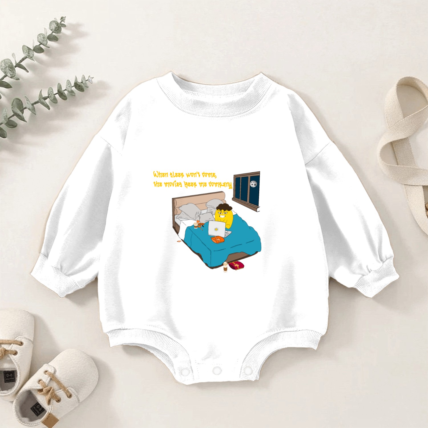 When sleep won t come the movies keep me company Baby Romper Sweatshirts