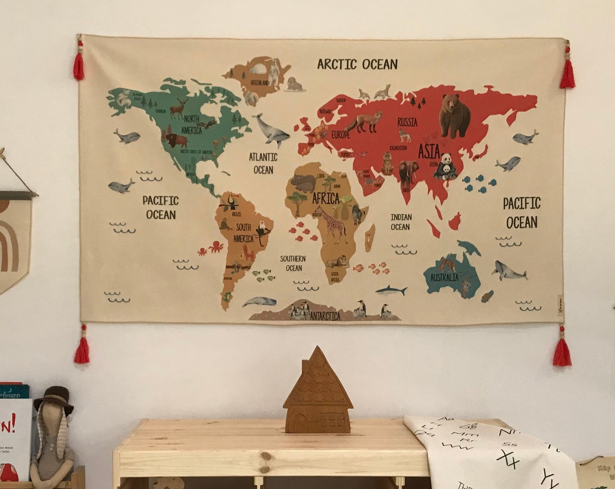 World Map Tapestry, Organic Cotton Fabric Tapestry, Kid Room Tapestry