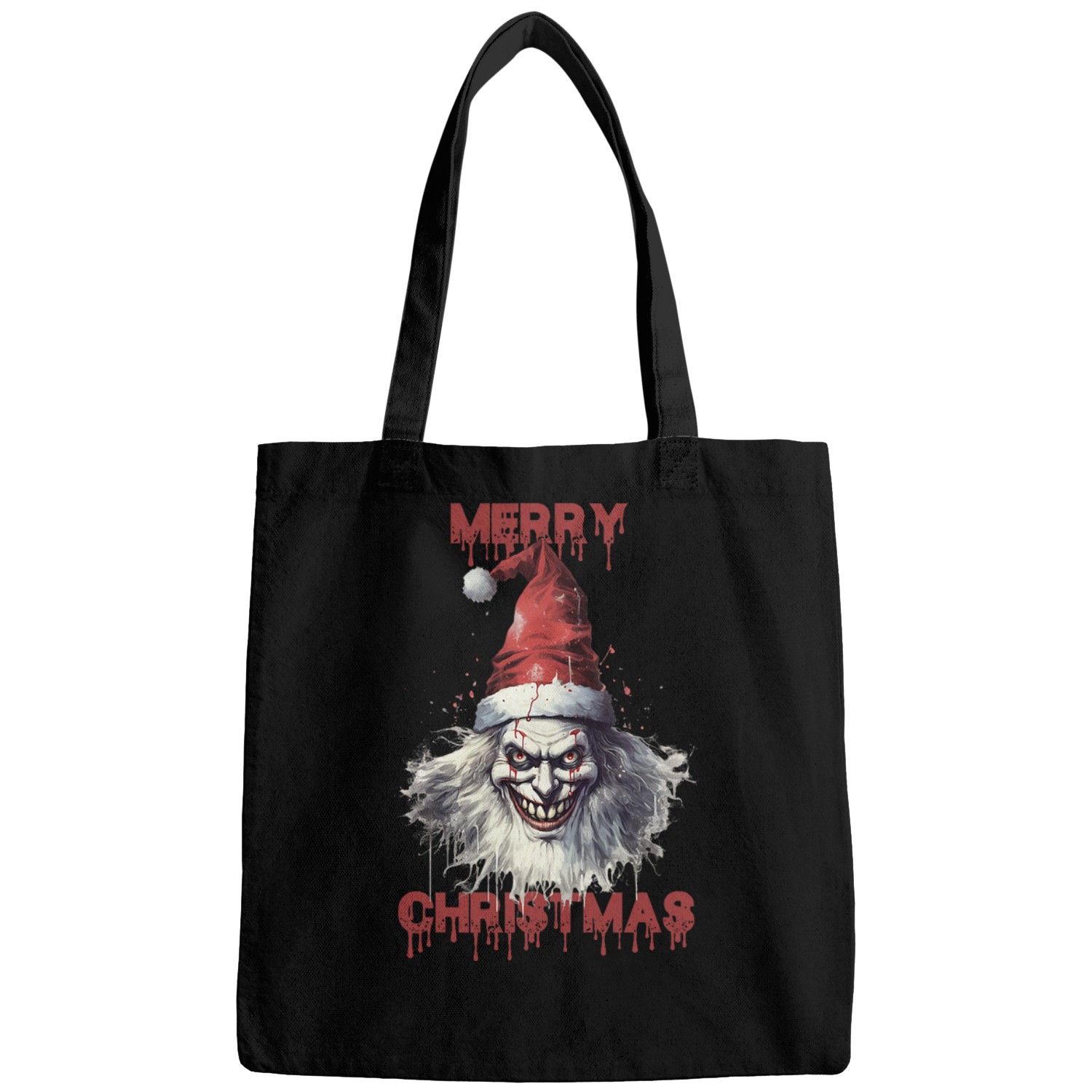 Evil looking clown with sharp teeth wearing a Santa hat Bags