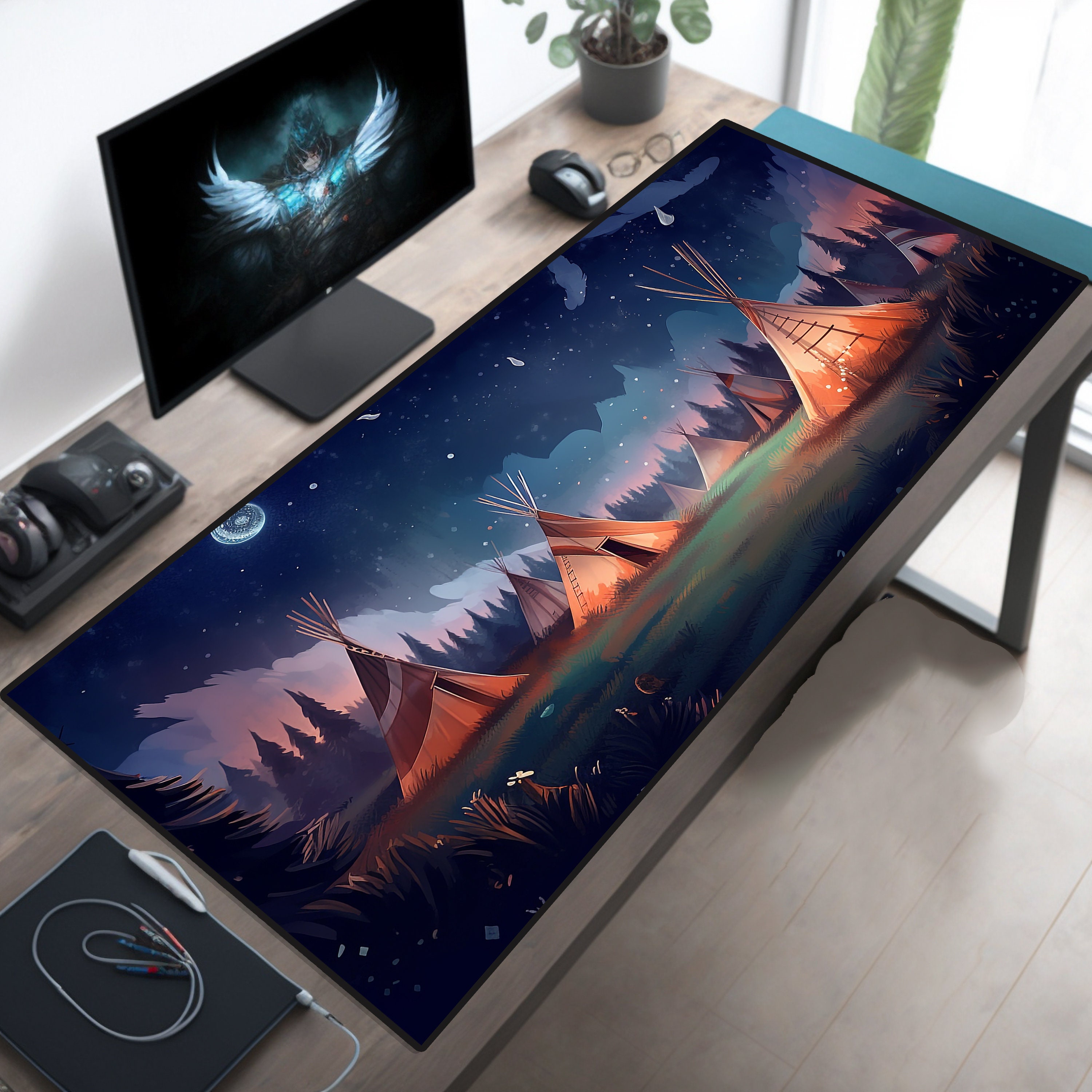 Starry Night Tipi Village Desk Mat, Native American Teepee Scene