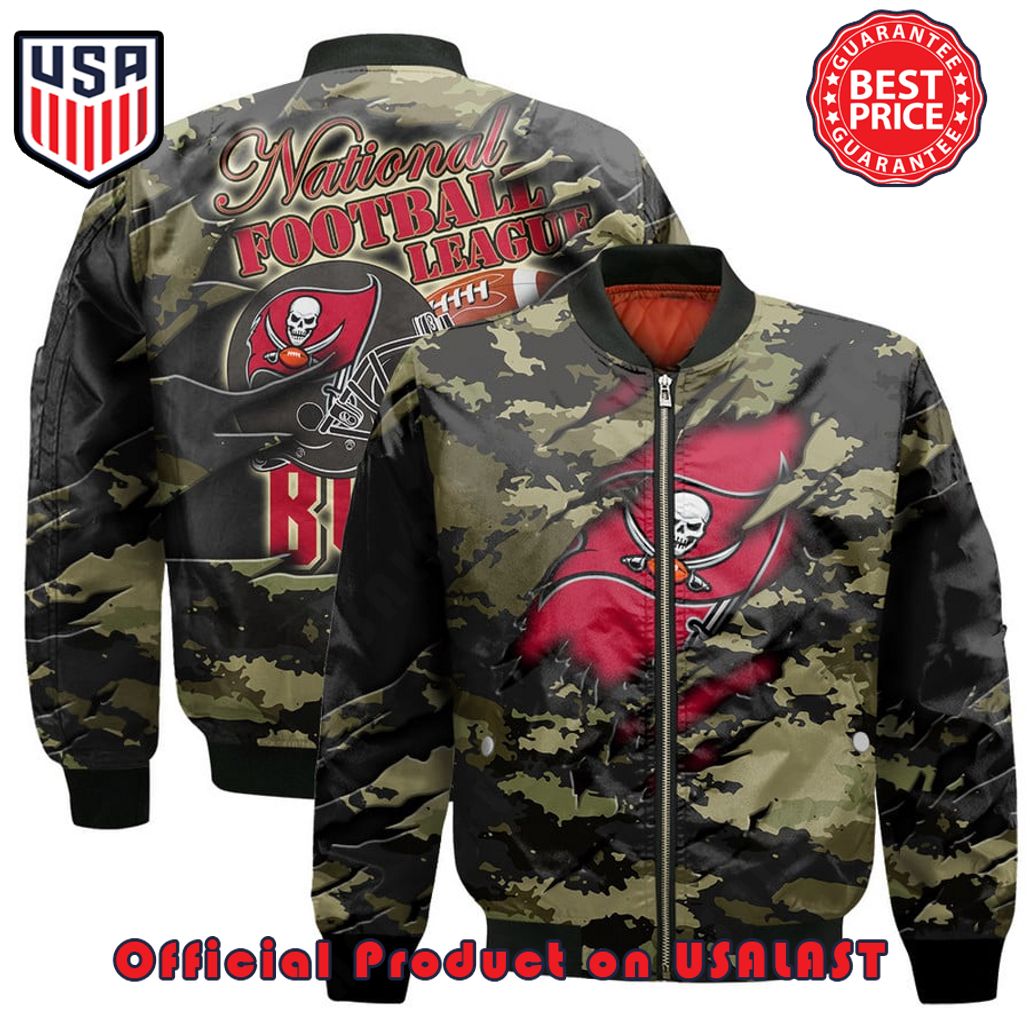 TAMPA BAY BUCCANEERS BLACK CAMO PATTERN NATIONAL FOOTBALL LEAGUE UNISEX BOMBER JACKET