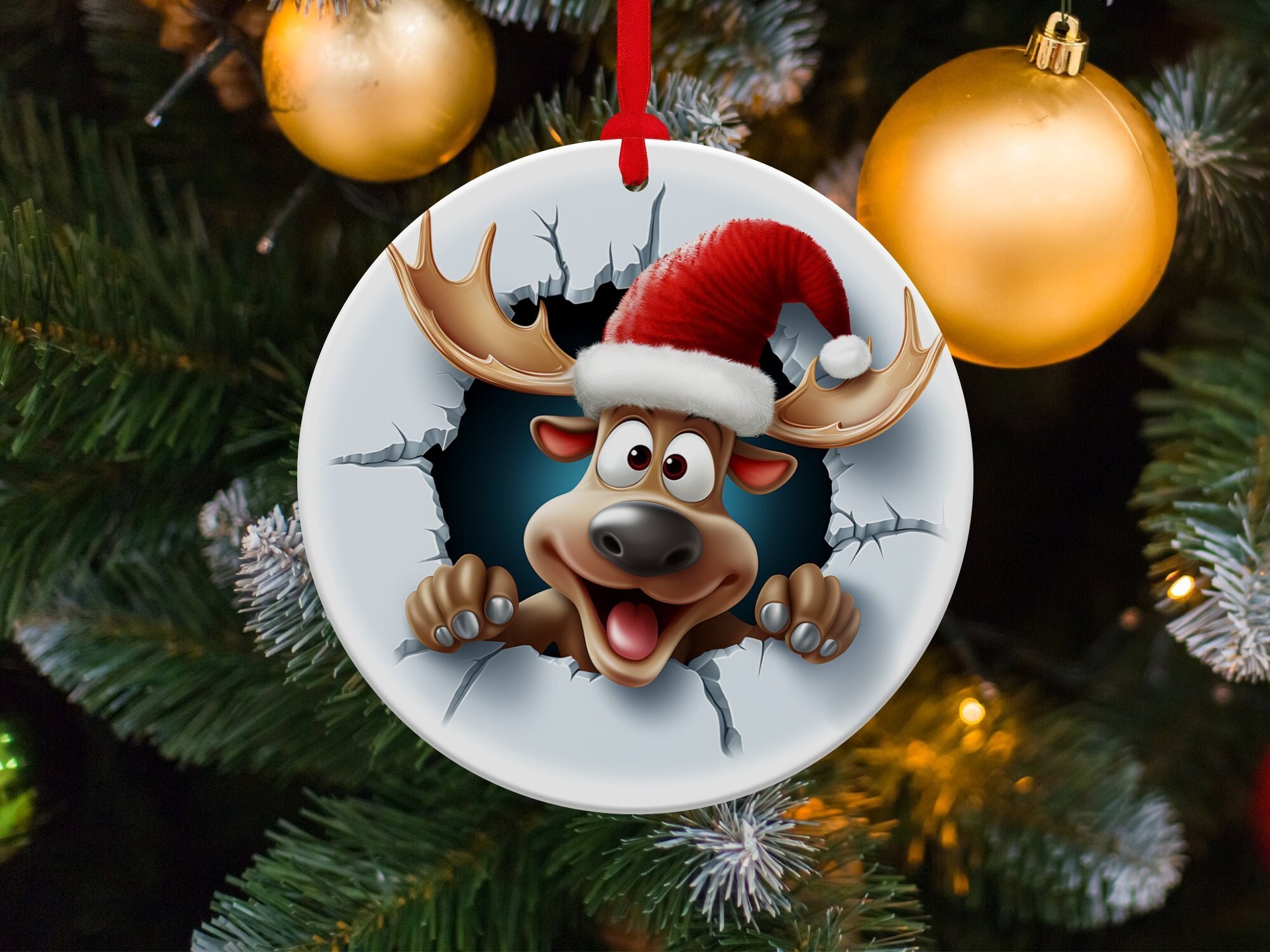 Goofy Rudolph Christmas Ornament, Cute Round Ceramic Xmas Tree Decor, 2D Flat Image That Looks 3D, Christmas Family Gift, Holiday Tree Decor