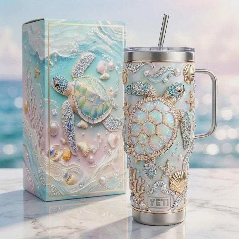 40oz Sea Turtle Printed Tumbler with Handle, Ocean Pearl Stainless Steel Insulated Travel Mug, Turtle Lover Gift