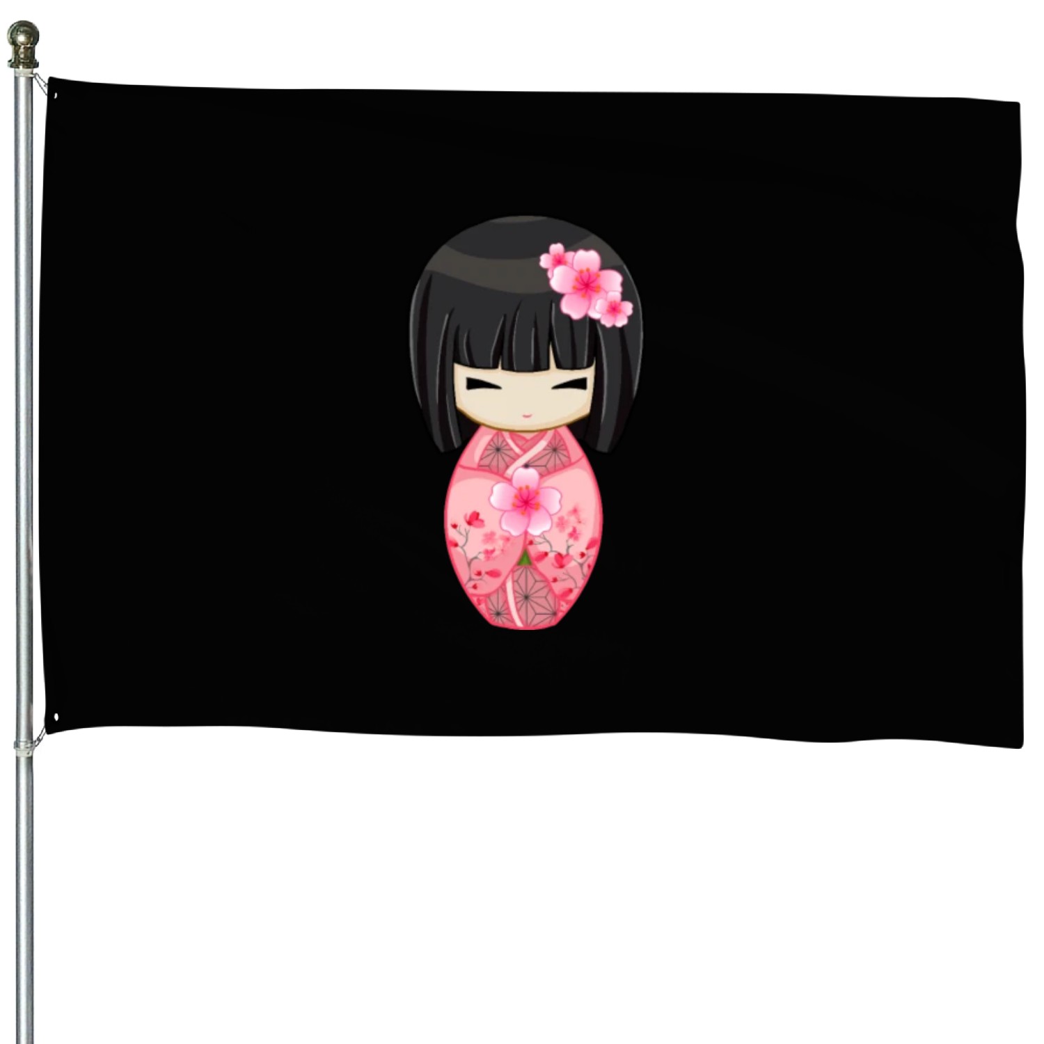 Cherry Blossom Geisha Japanese Kokeshi Doll House Flags