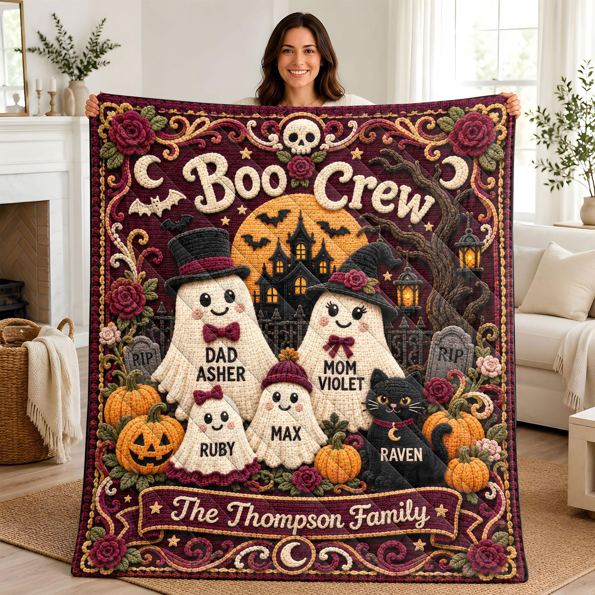 Personalized Boo Crew Family Halloween Quilt, Custom Ghost Family Blanket, Pumpkin Haunted House Spooky Fall Decor
