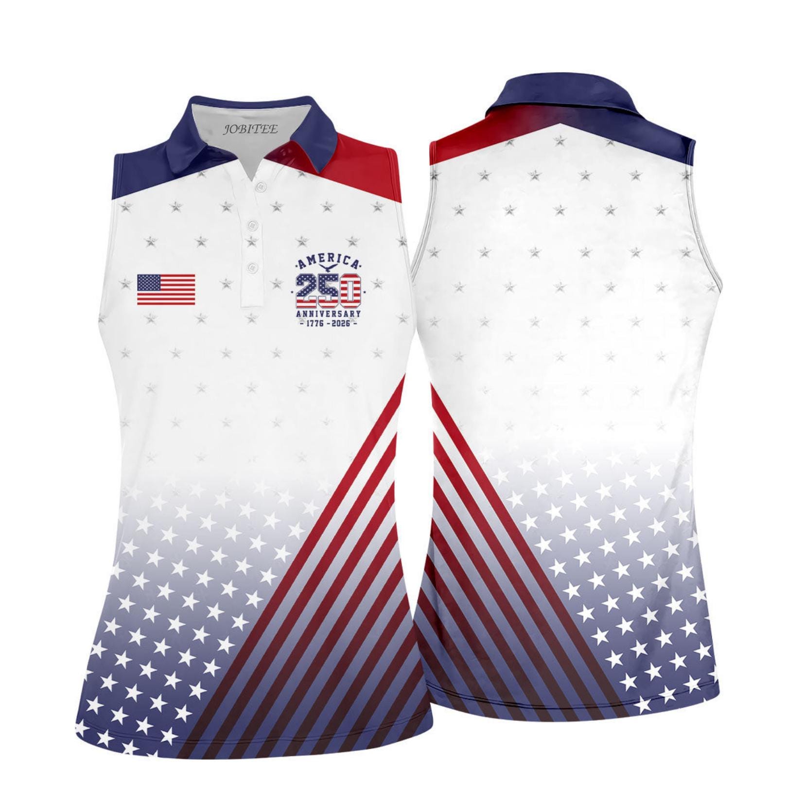 Womens America 250 Golf Polo Sleeveless, Patriotic USA Flag Golf Shirt, Independence Day 17762026 Outfit, 4th of July Ladies Golf Top