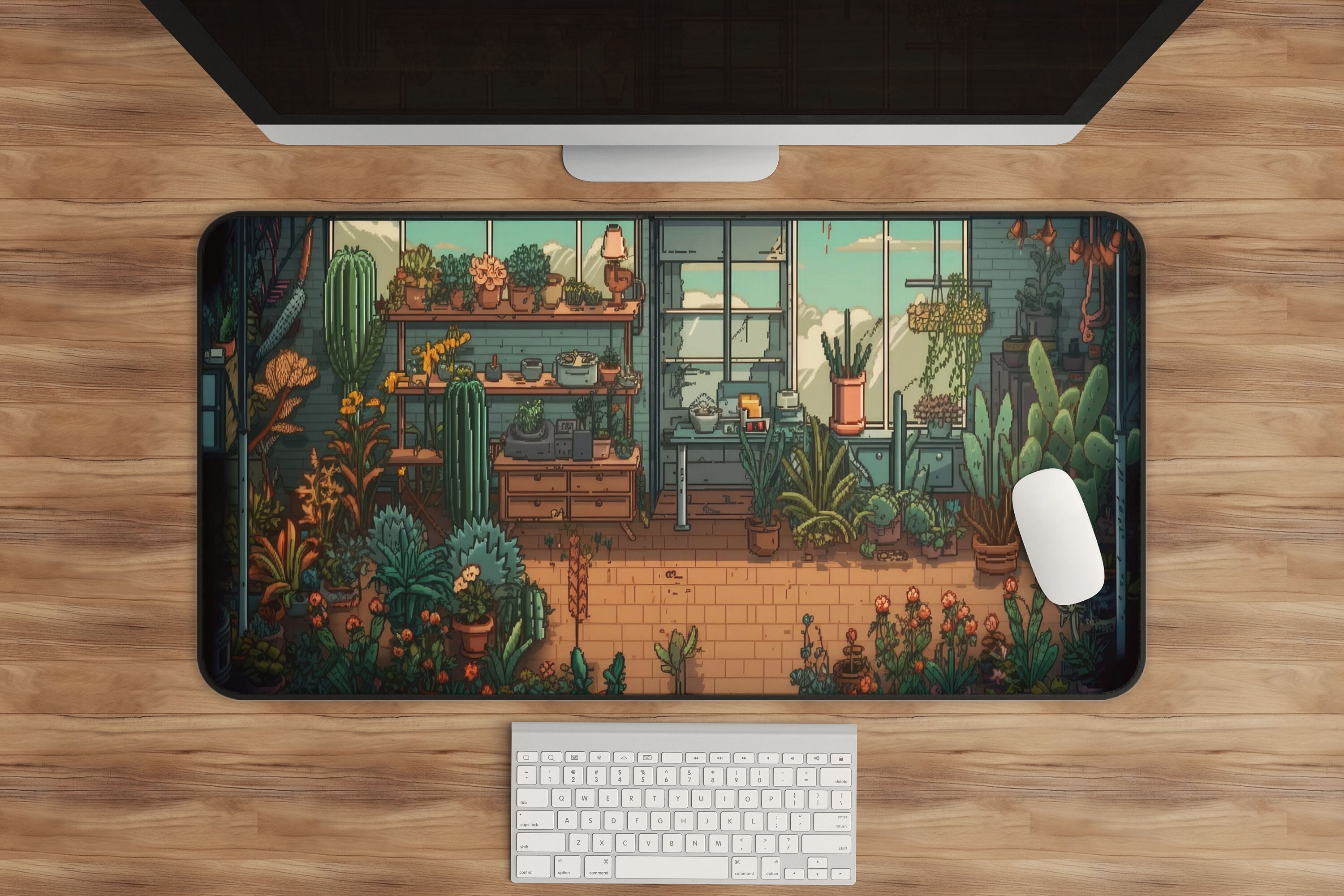 Potted Plants Pixel Art Desk Mat, Solarpunk Plant Aesthetic