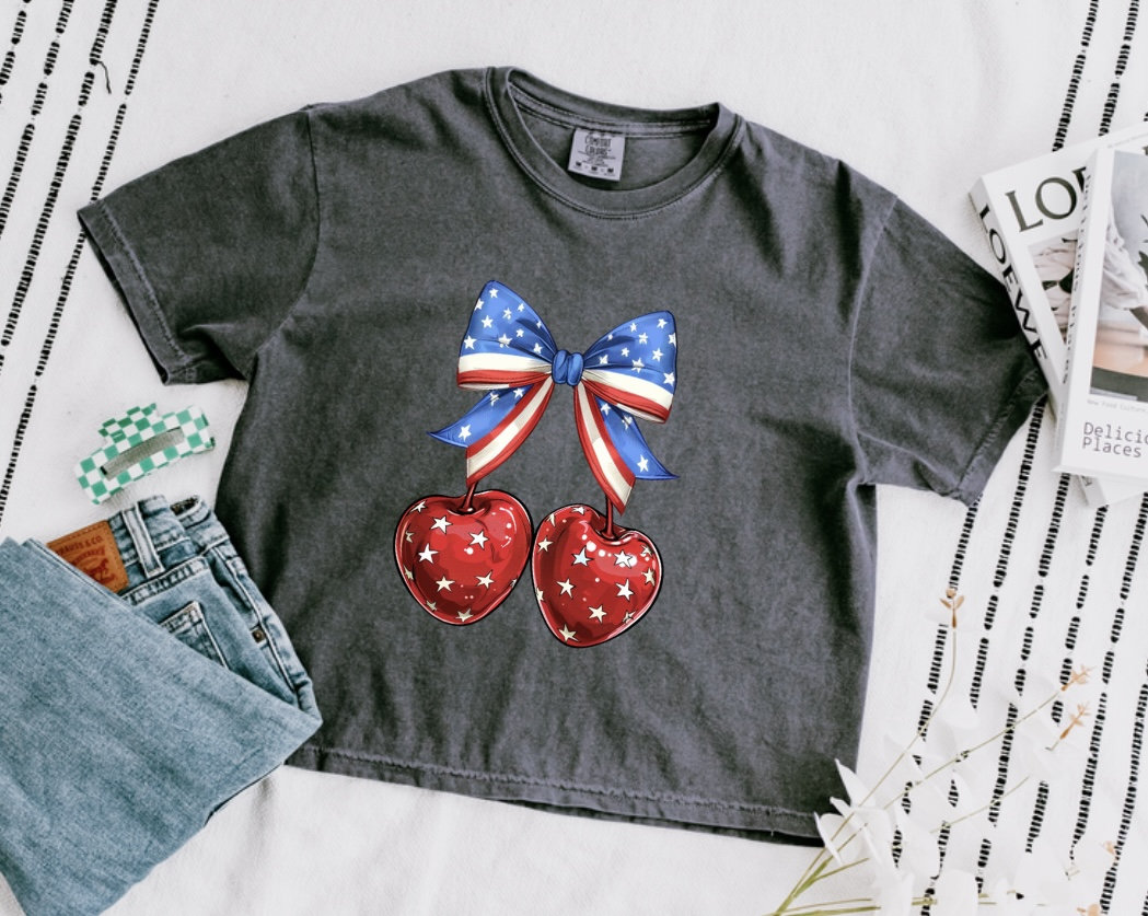 Coquette 4th of July Shirt, American Flag Crop top Shirt, USA Shirt, Retro 4th of July Shirt, Trendy Summer Shirt, 4th of July Tee, Coquette Bow Tee