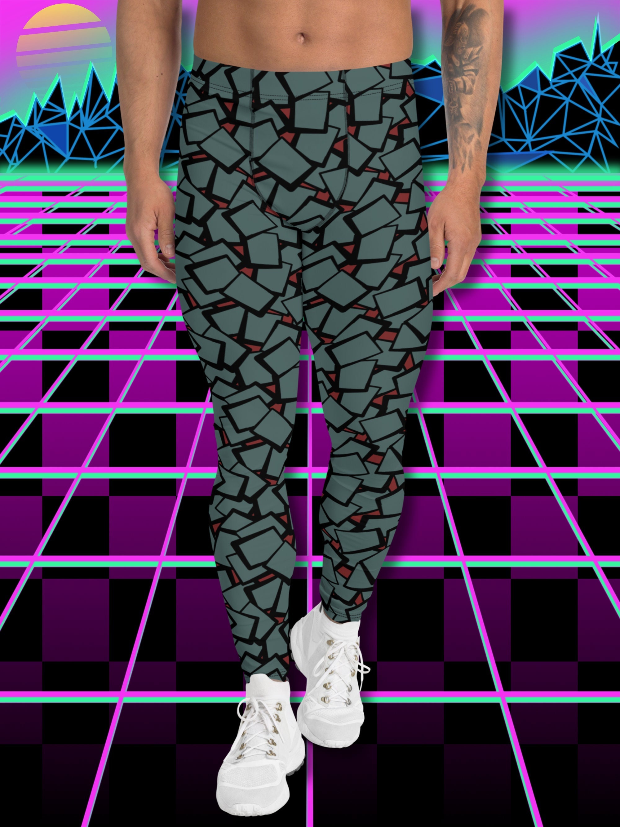 Mens Leggings Anime Cyan Geometric Memphis Style Meggings | Alt Clothing
