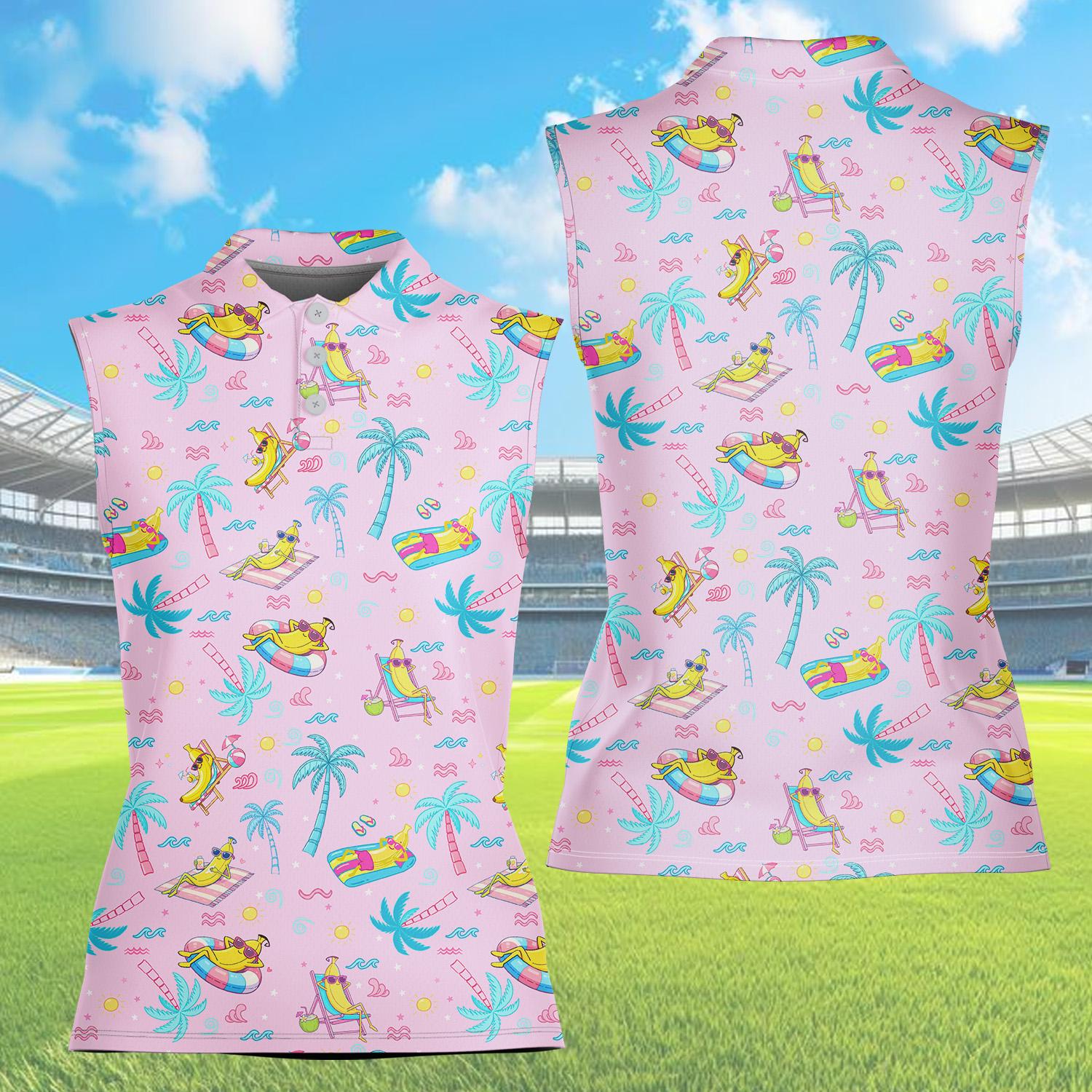 Women's Sleeveless Polo, Pink Banana Palm Tree Tropical Pattern, Golf Top, Summer Travel Outfit