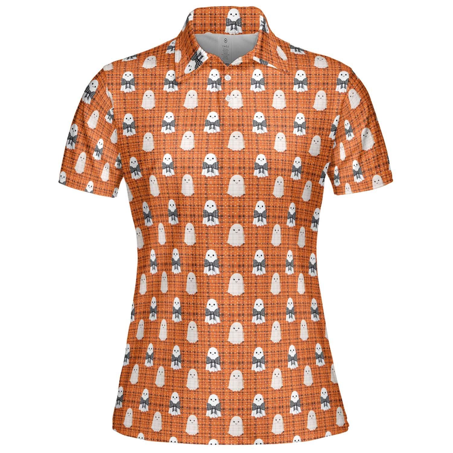 Women's Halloween Ghost Polo Shirt in Orange Plaid