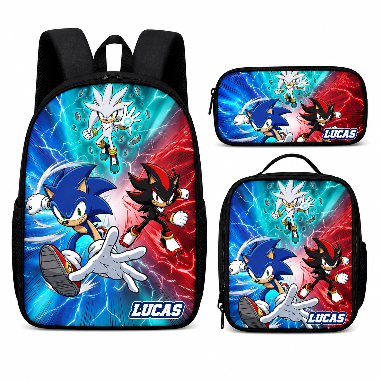Personalized Speed Hedgehog Trio Backpack Lunch Bag Pencil Case Set Custom Name