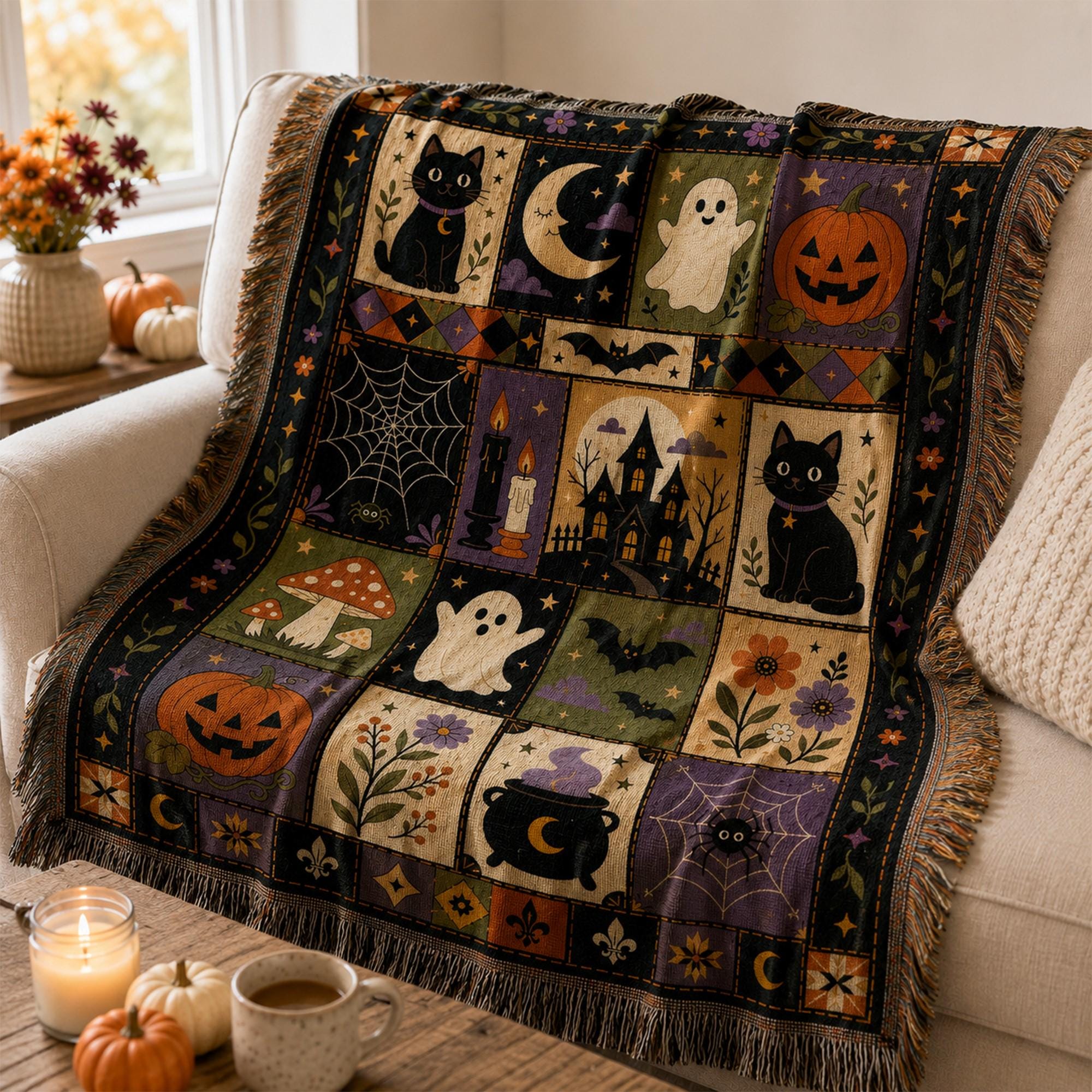 Halloween Woven Quilt Blanket, Black Cat Ghost Patchwork, Cottagecore Autumn Decor, Spooky Blanket