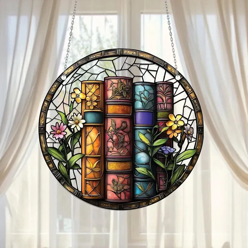 Bookshelf Stained Glass Suncatcher, Window Hanging Decor