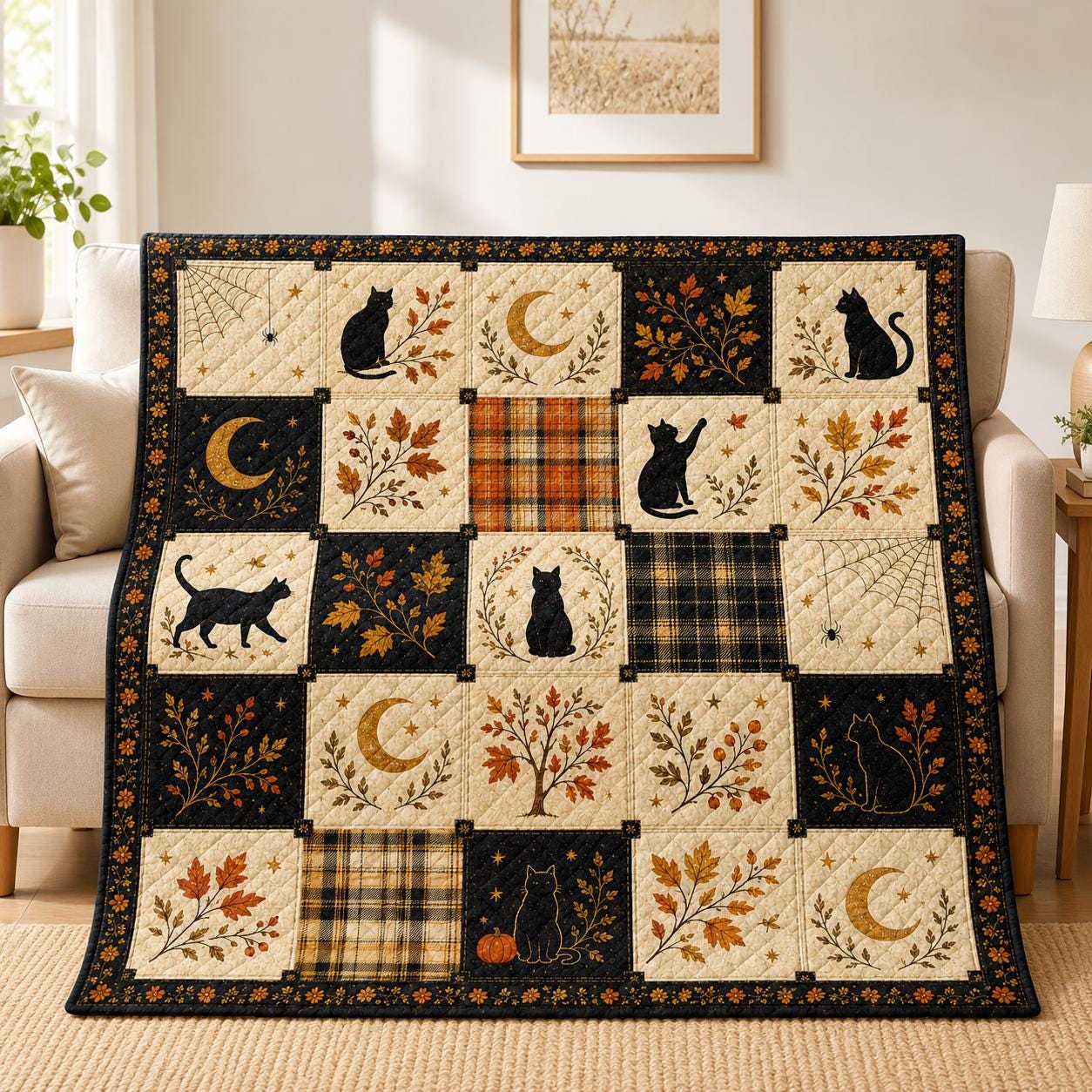 Halloween Black Cat Quilt Blanket, Autumn Patchwork Bed Throw, Crescent Moon Spider Bedding, Witchy Gothic Fall Home Decor, Cat Lover Gift