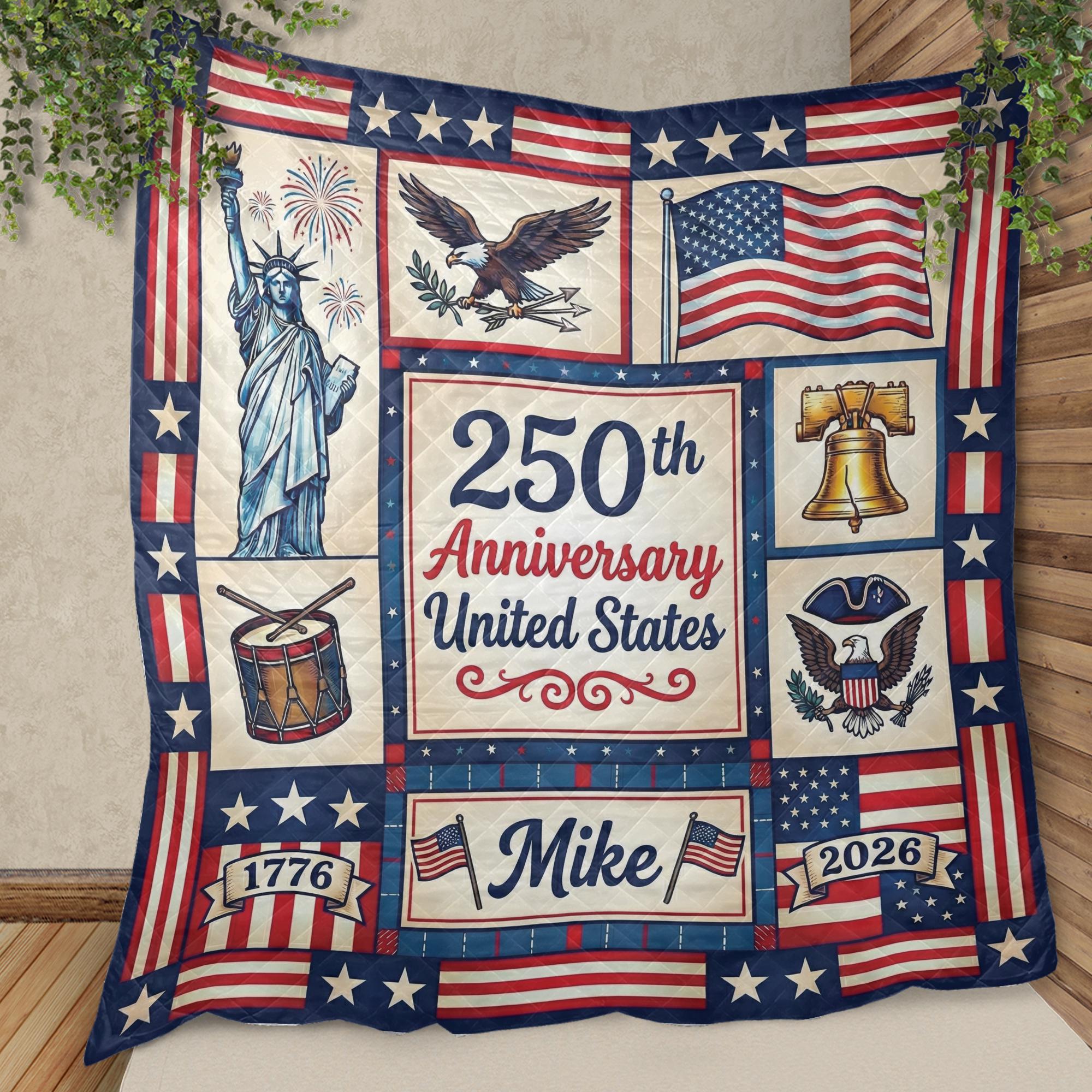 Custom Name Quilt Blanket: USA 250th Anniversary 2026 Semiquincentennial Patriotic Americana Decor