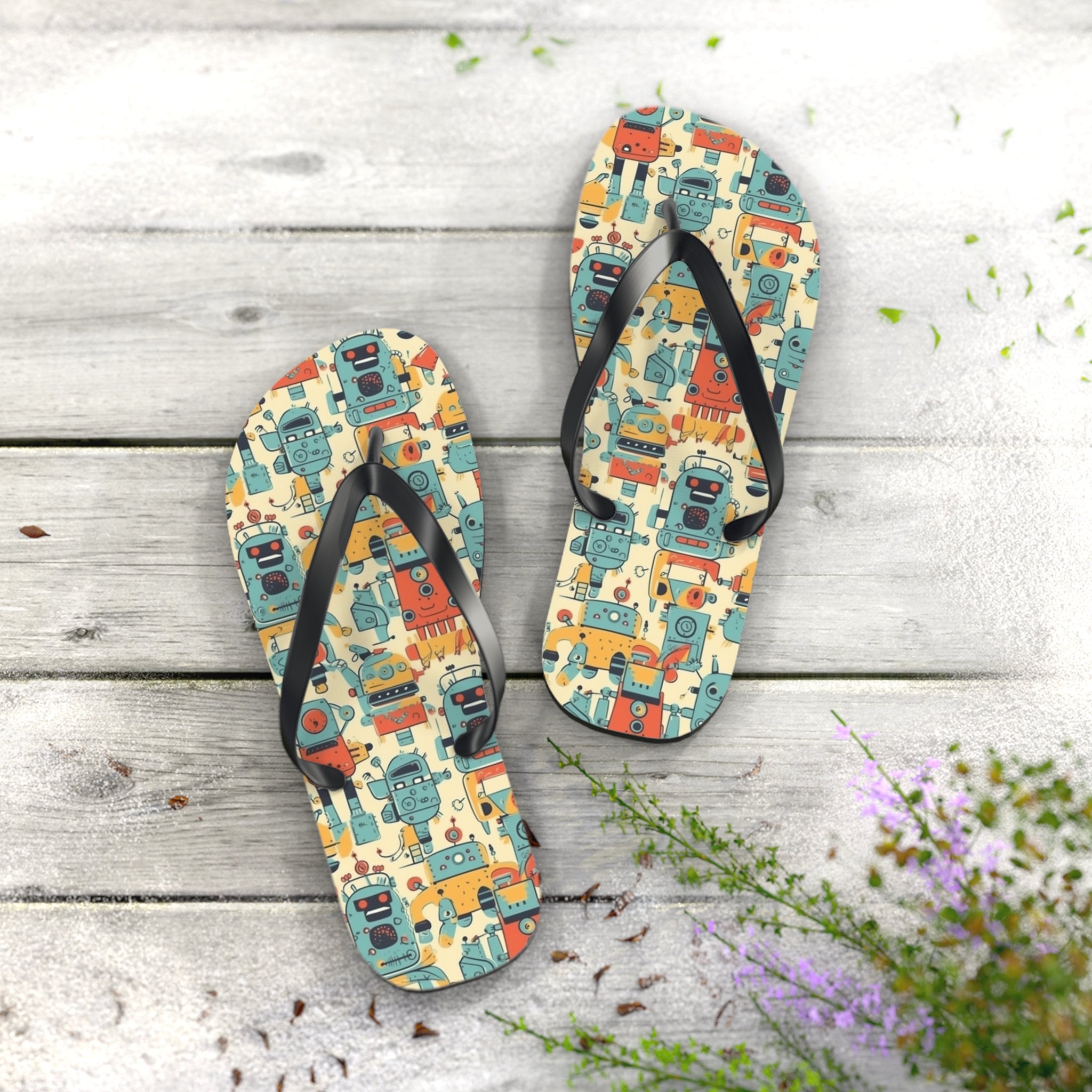 Robot Flip Flops, cool flip flops, boys flip flops, mens flip flops, robots, kids robots flip flops, funny flip flops, artistic flip flops,