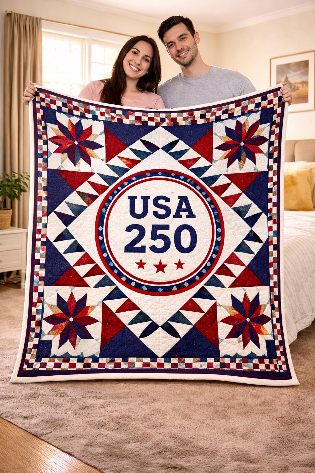 USA 250th Anniversary Quilt Blanket, Patriotic American Flag Design, 17762026 Semiquincentennial Gift Decor