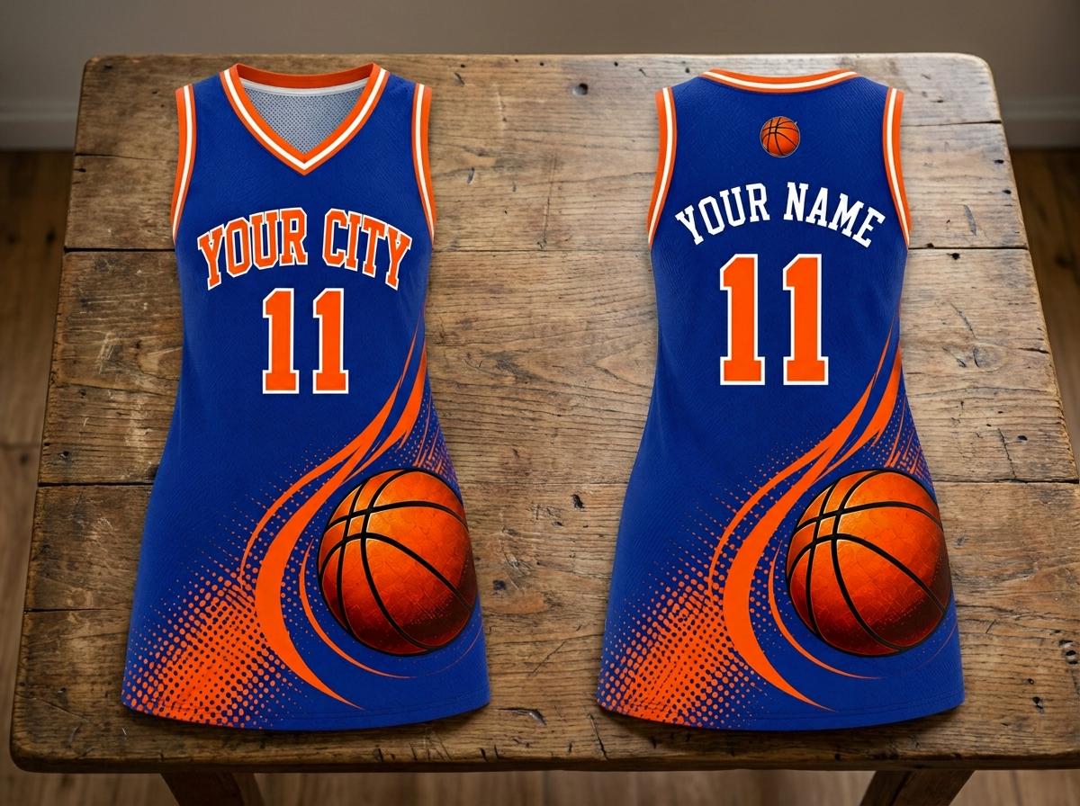Personalized Basketball Jersey Dress with Custom Name and Number, Women's V-Neck Athletic Dress