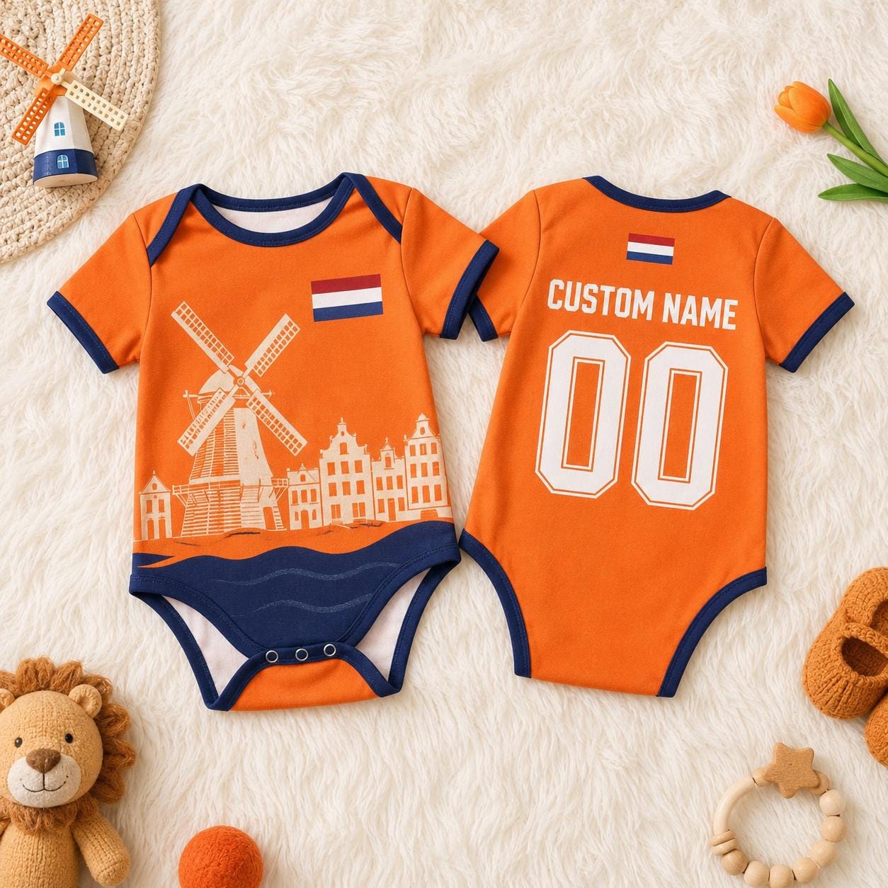 Netherlands Baby Bodysuit, Holland Soccer Baby Romper, Custom Name Number Infant Outfit, Dutch Flag Baby Shower Gift