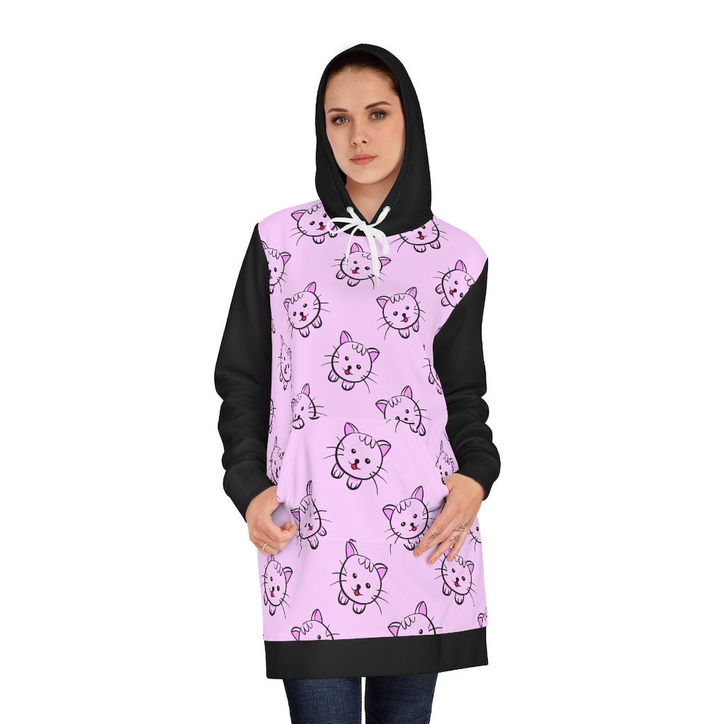 Women's or Teens Pink Kitten Print Hoodie Dress