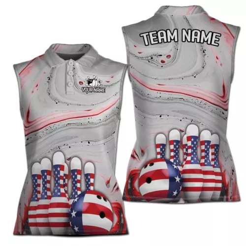 Personalized Gray Marbling America Bowling Lover Women Sleeveless Polo