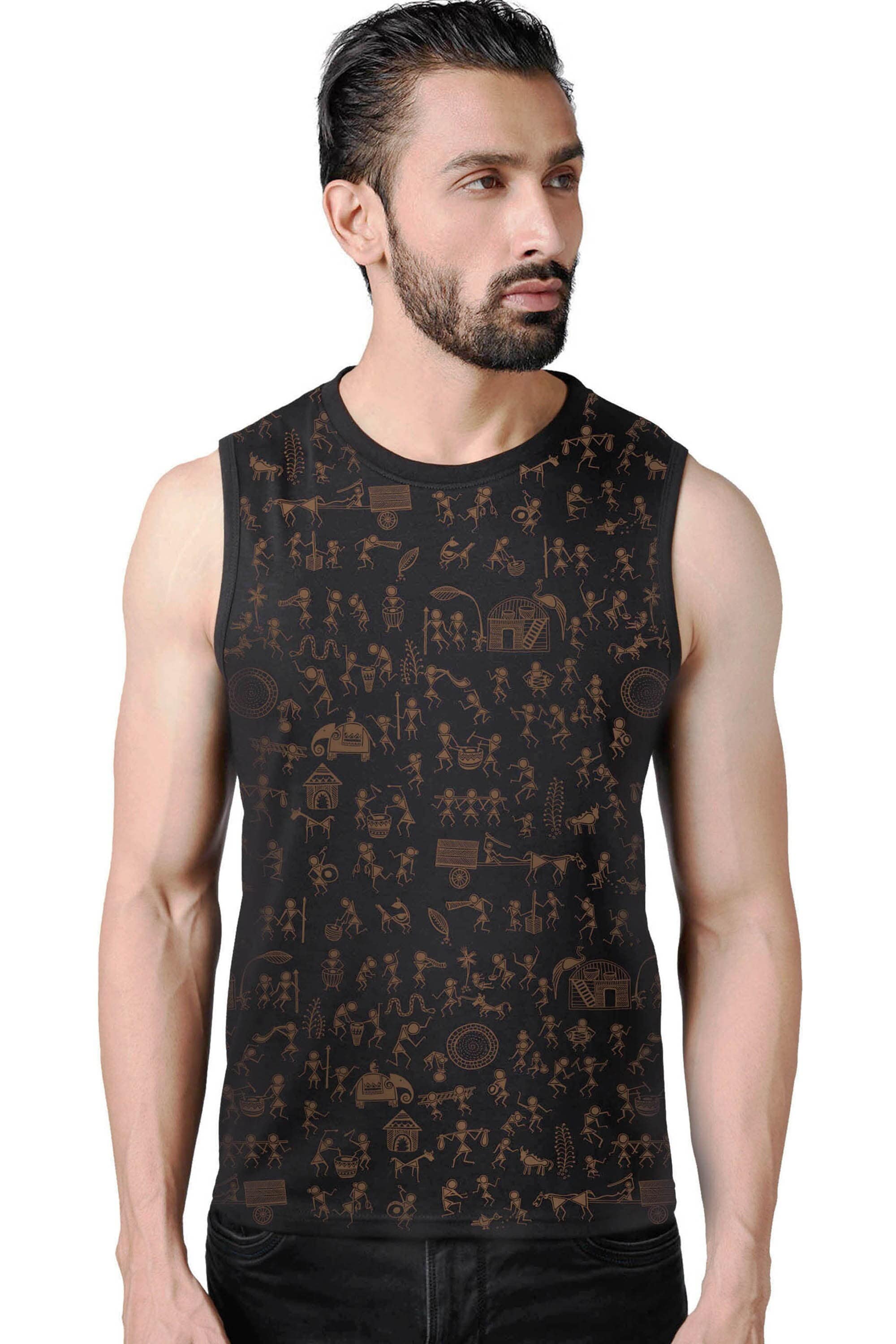Men's All Over Print Tribal Warli Art Vest Shirt, Indian Forest Tank Top, Festival & Burning Man Style
