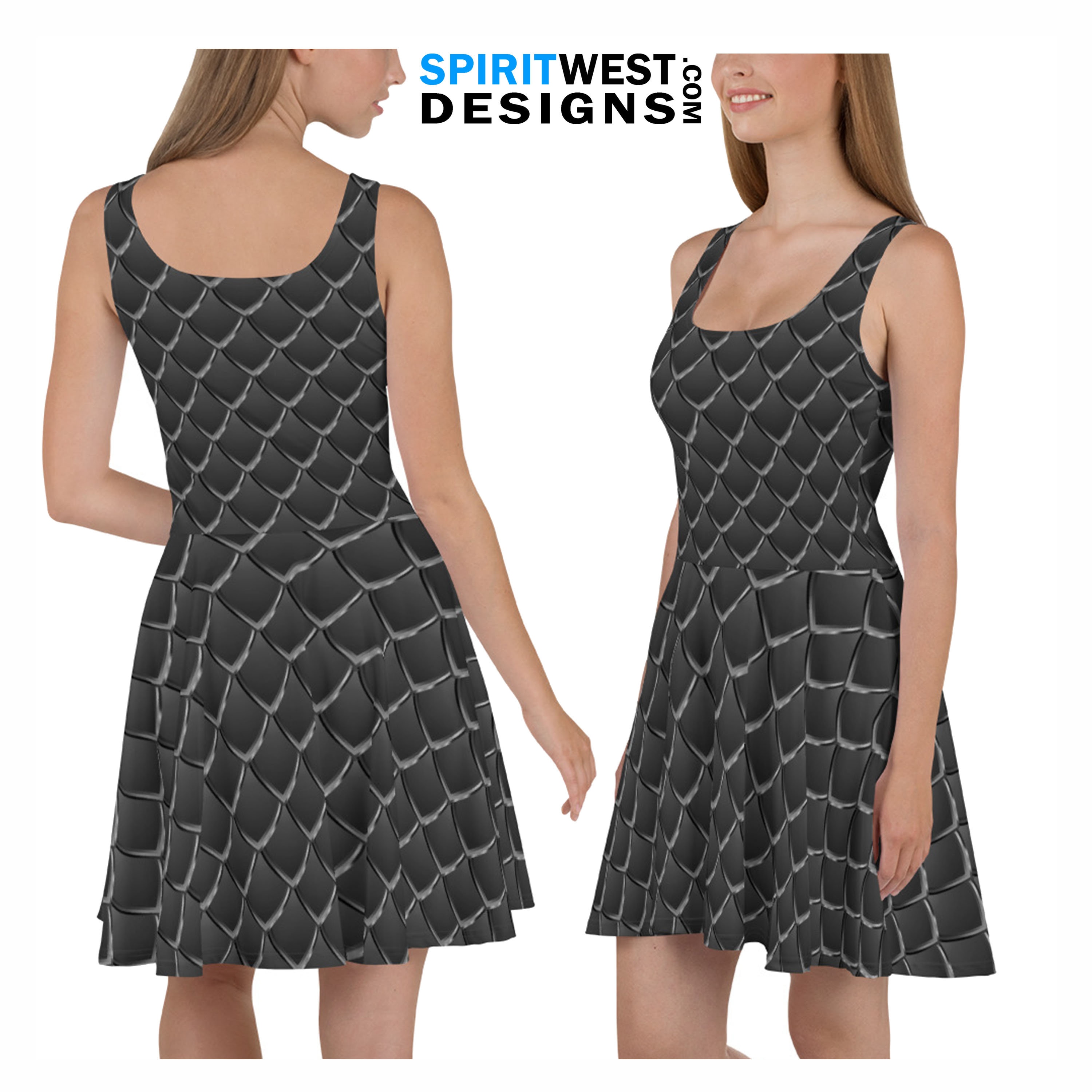 Dragon Costume Skater Dress, Black Reptile Lizard Scales Cosplay Halloween Dance Running Stretchy Spandex