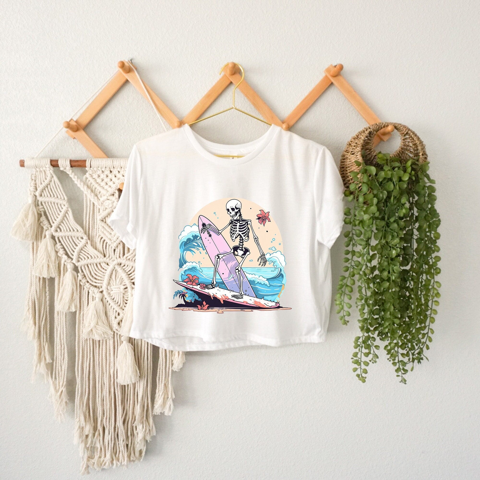 Surfer Skeleton Crop Top for Women, Halloween Spooky Surfboard Adventure Shirt