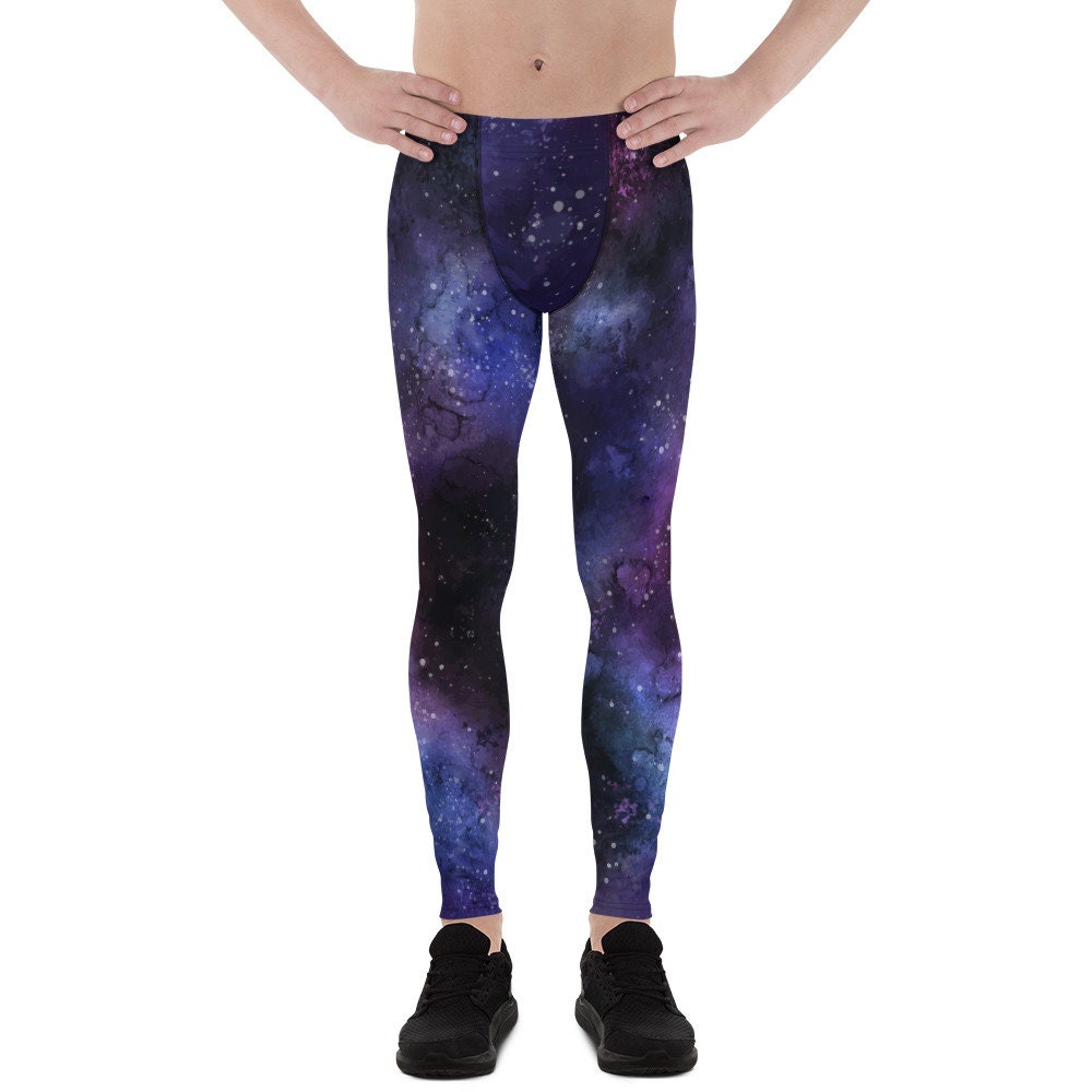 Galaxy Space Men Leggings, Universe Purple Stars Printed Guys Yoga Running