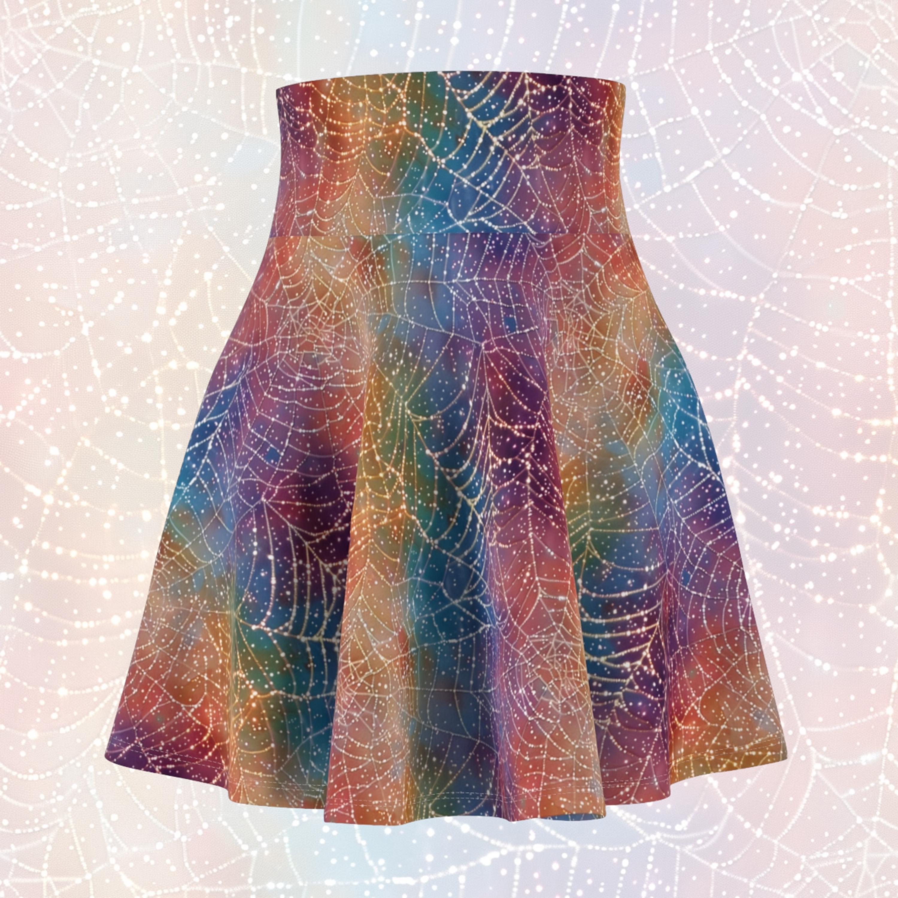 Women's Glittering Web Ombre Rainbow Circle Skirt, Halloween Illusion Sparkle Spider Web High Waist Skater Skirt, All Size Soft Skirt