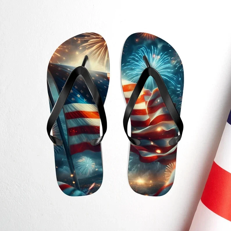 USA Flag Fireworks Flip Flops, 4th of July Patriotic Celebration Sandals