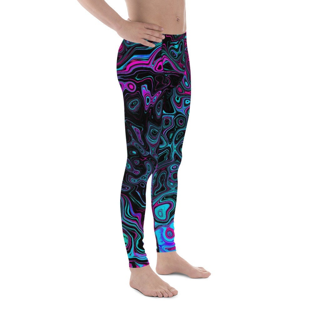 Trippy Mens Leggings, Yoga Leggings for Men, Retro Aqua Magenta and Black Abstract Swirl