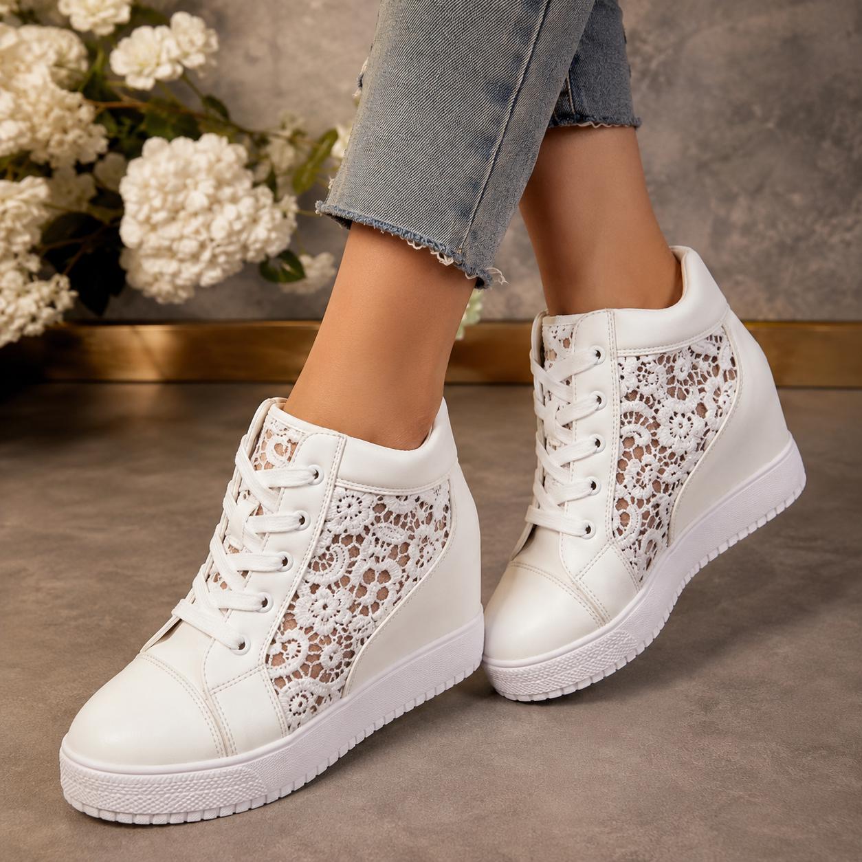 White Lace High-Top Sneakers with Hidden Platform