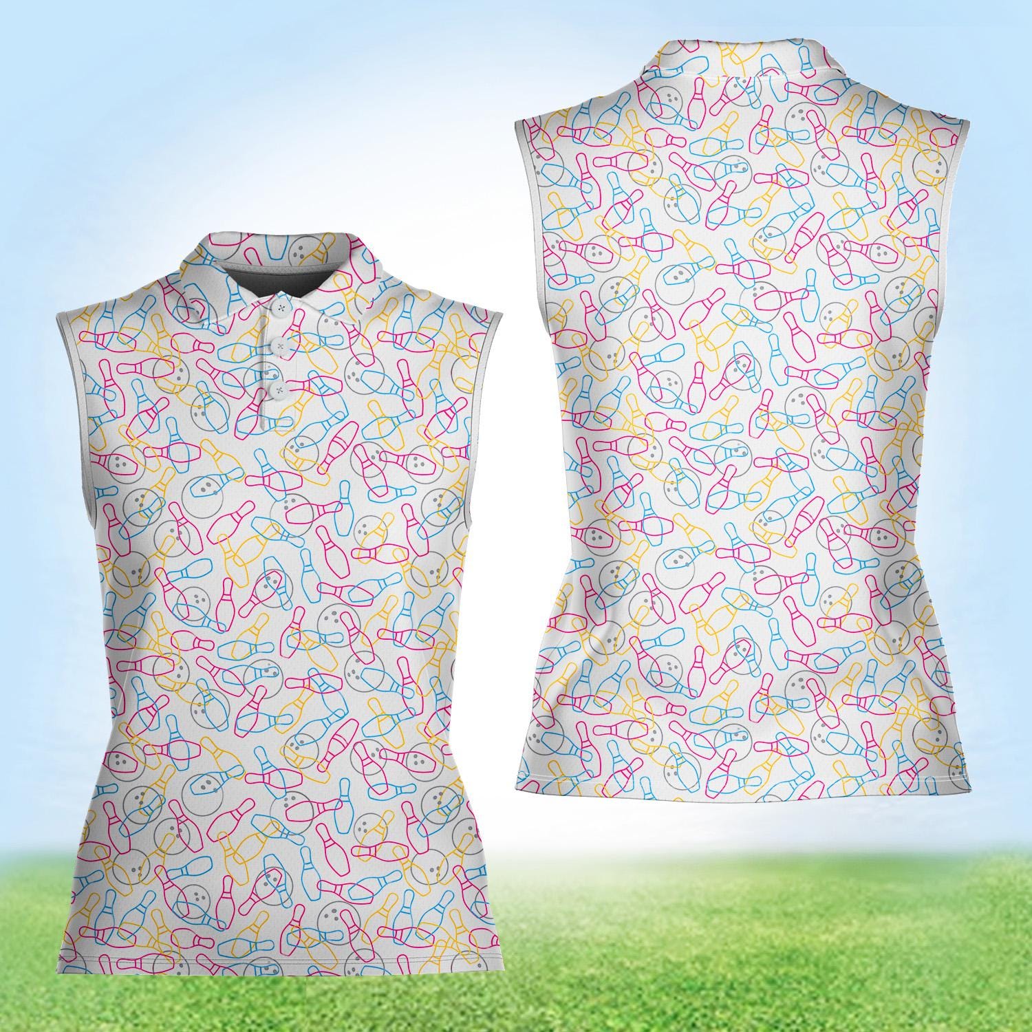 Women Sleeveless Polo Shirt, Bowling Graphic Pattern Bowling Team Uniform Matching Outfits, Bowling Lover Gift Apparel