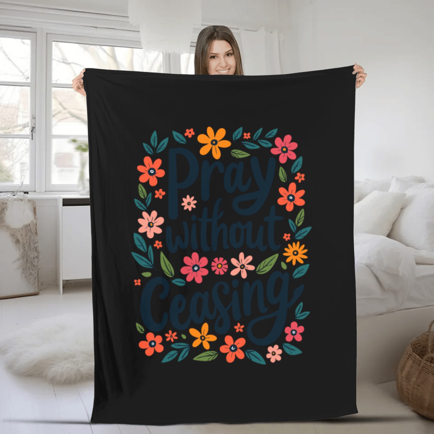 Pray Without Ceasing Christian Quote Floral Flower Fleece Blankets