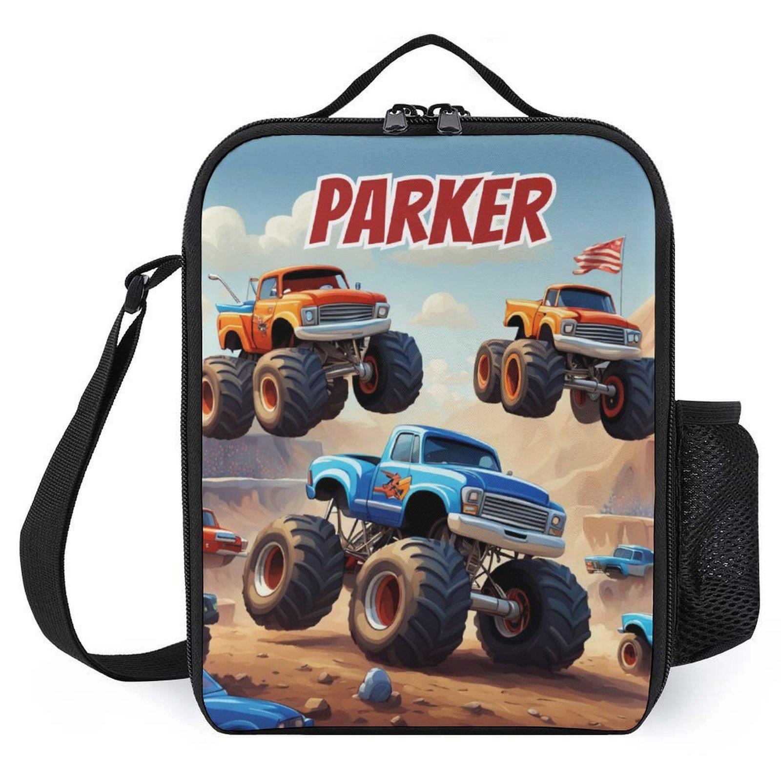 Personalized Monster Trucks Rugged Lunch Bag for School Camp Boys & Girls