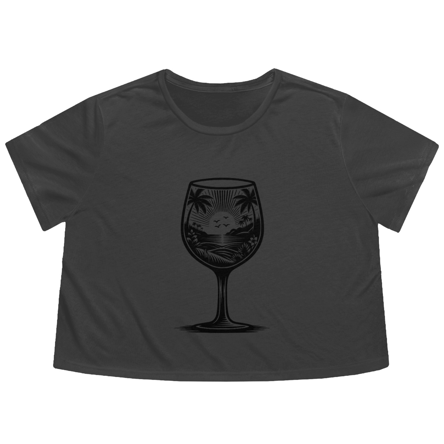 Exotic Sunset Beach Motif Wine Glass Flowy Cropped Tees