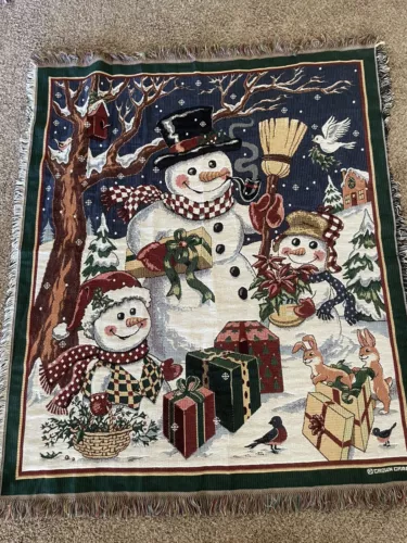 Crown Crafts Christmas Throw Holiday Snowman Snow Woven Tapestry Blanket 46x53