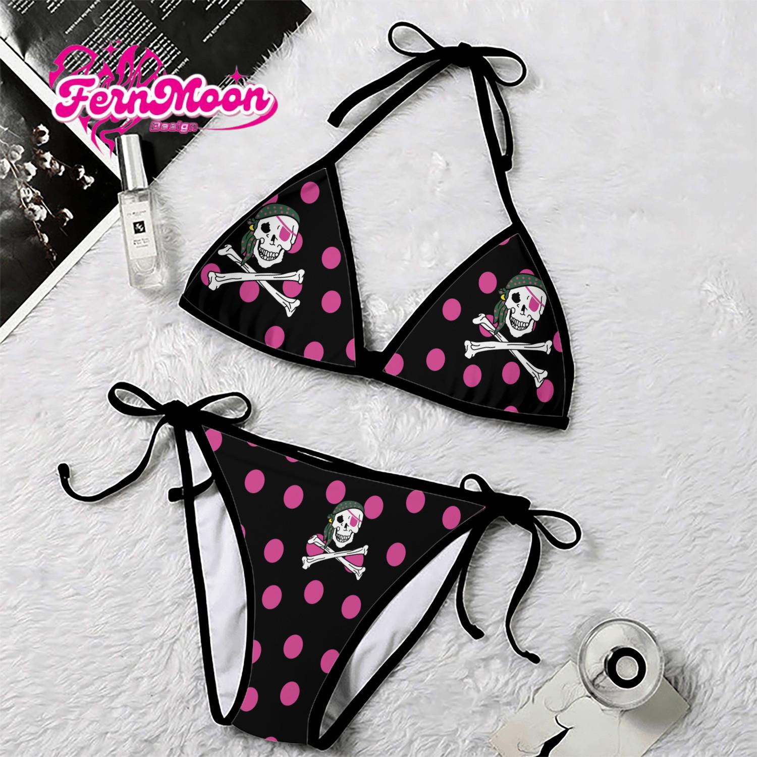 Pirate Skull Bikini Set, Polka Dot Skull Bikini, Gothic Bikini Swimsuit, Alternative Women Swimwear