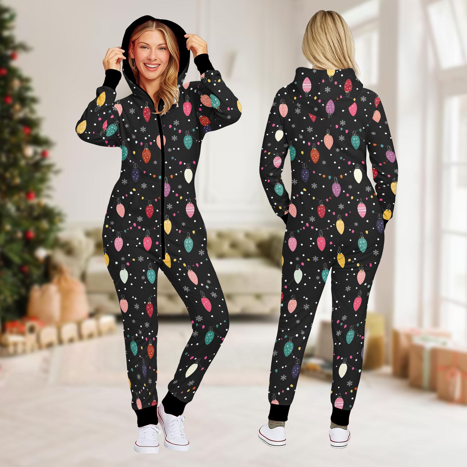 Neon Christmas Lights Onesie Pajamas, Black Festive Jumpsuit, Funny Holiday Loungewear, Cozy Xmas Gift for Women Man Kids, Xmas Gift