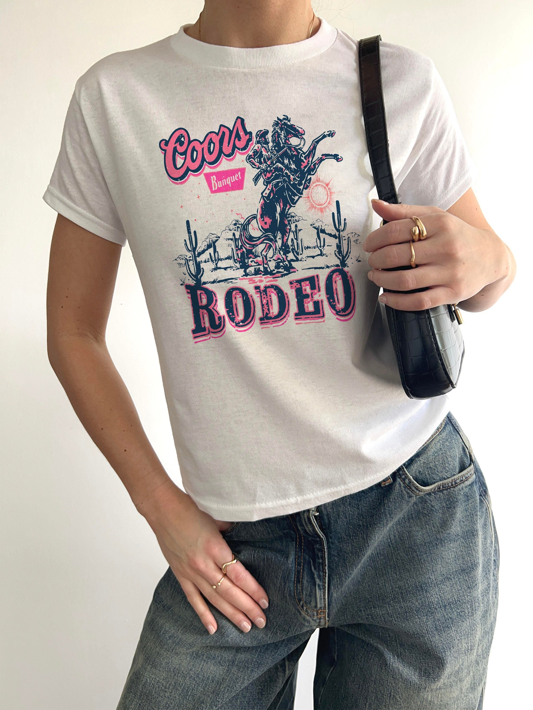 Beer Rodeo Baby Tee, CCOORS Cowboy Womens Tee, Western 90s Beer Pink Crop, Distressed cowboy Beer